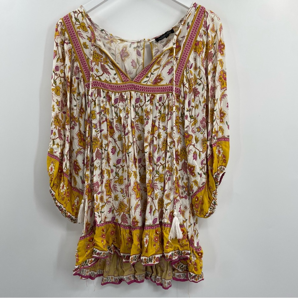 Rachel Zoe Top Boho Yellow Oversized Tunic Flowy Paisley Print Floral Oversized